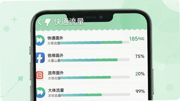 快通流量应用流量排行界面,列表展示各应用流量占比,背景为淡绿色清新风格,突出软件名称快通流量,画质细腻,适合功能展示