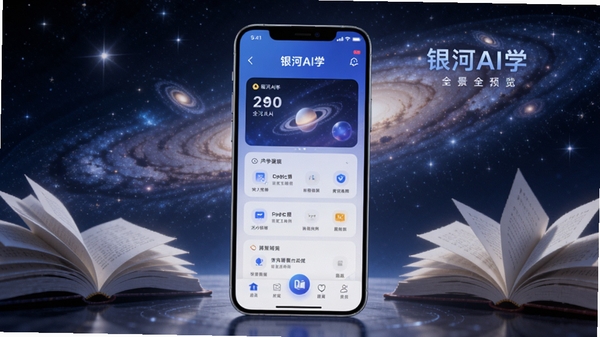 银河AI学核心功能全景预览图,画面中央是一部智能手机,屏幕显示银河AI学的学习主界面,背景是浩瀚星空与书本元素,整体风格科技感与教育感融合,明亮清晰