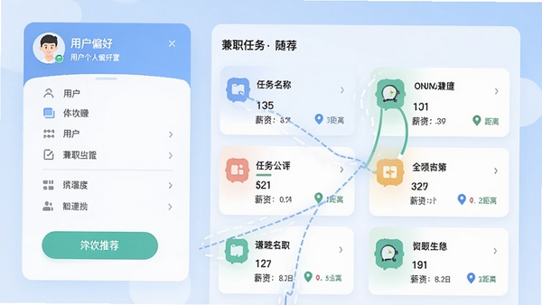 随手赚兼职智能推荐功能界面示意图,左侧是用户个人偏好设置,右侧是匹配出的兼职任务卡片列表,卡片上显示任务名称、薪资和距离,整体采用扁平化设计,色彩清新,背景为淡蓝色渐变,突出算法推荐的智能化与个性化