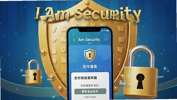 一幅展示I Am Security最新版本功能的宣传图，画面中央是手机屏幕显示新增的支付保险箱功能，背景有金色盾牌和锁头装饰，整体风格高端大气，突出软件名称I Am Security，色彩鲜艳，细节丰富