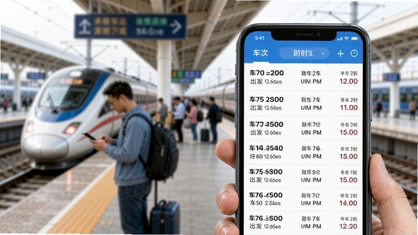 铁路高铁火车票购票应用内的车次查询结果列表，屏幕显示多趟列车信息，包含车次号、出发到达时间、历时和票价，背景为模糊的火车站台，旅客正在看手机，画面色彩明亮，突出信息丰富和查询高效，适配Boogu模型生成