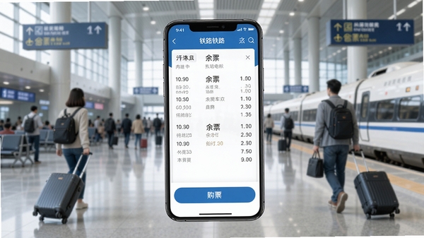 一幅展示智能手机屏幕上的铁路高铁火车票购票应用界面，界面内显示列车时刻表、余票信息和购票按钮，背景为现代化高铁站候车大厅，旅客拖着行李箱行走，画面明亮清晰，突出软件实用性和便捷性，整体风格写实，适配Boogu模型生成