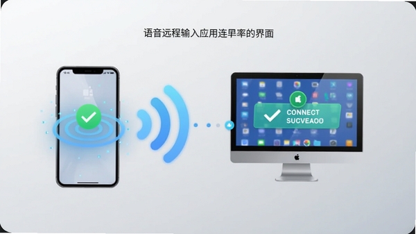 语音远程输入应用连接界面截图，手机与电脑图标通过无线信号相连，界面简洁明了，带有连接成功提示动画，背景为浅灰色渐变，突出科技感与易用性。