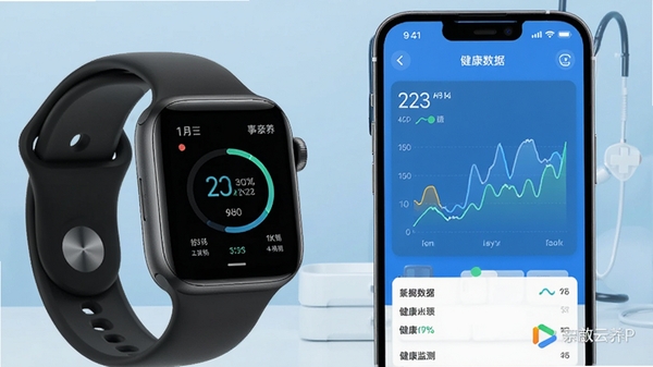 智能手表与智能手机并排展示，手机屏幕显示事亲云养APP中的健康数据曲线图，背景为浅蓝色医疗风格，画面干净专业，体现数据同步与健康监测功能，图片中应出现软件名称水印