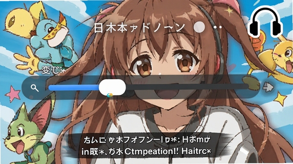 Native日本语听力训练功能截图，显示变速滑块与双语字幕，背景为动漫风格插画，耳机图标点缀，整体风格活泼明快