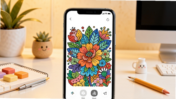绘涂小组件应用主界面预览图，展示其数字填色与桌面小组件功能结合的特色，画面主体为手机屏幕内色彩斑斓的填色图案，背景为整洁的现代桌面环境，采用明亮温馨的色调，细节丰富，适合应用商店展示。