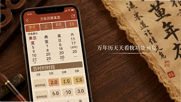 万年历天天看软件功能预览图，画面主体为手机界面展示某一天的详细黄历信息，包括宜忌列表和吉时时段，背景区域为古朴的木质纹理与书法元素，色调温暖，细节丰富。