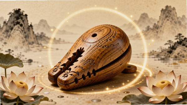 指尖木鱼应用全貌预览图,画面中央是一款古朴质感的木鱼,周围环绕着淡金色的光晕与禅意莲花,背景为水墨山水画风格,整体色调温暖宁静,突出修行与放松的氛围,高清渲染,细节丰富