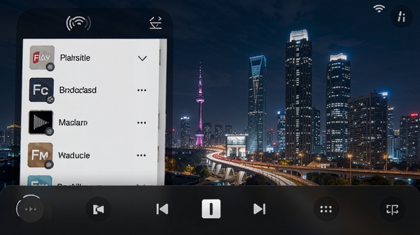 手机收音机广播FM应用主界面预览图，展示简洁的电台列表和播放控制区域，背景为现代都市夜景，营造随时随地收听广播的氛围