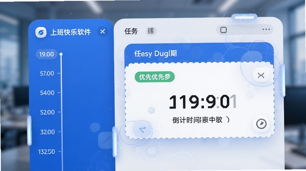 上班快乐软件的日程规划界面展示，左侧为时间轴列表，右侧为任务详情卡片，卡片上显示优先级标签和倒计时，界面采用蓝白配色，图标圆润清晰，背景虚化处理，突出任务管理功能，整体视觉专业且富有科技感。