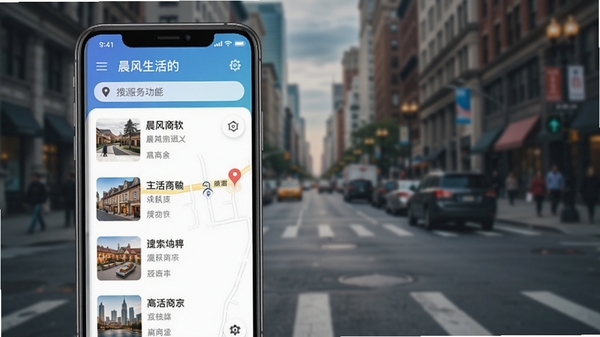 晨风生活周边服务地图页面截图，手机展示附近商家列表与地图标记，背景为模糊的城市街道实景，突出软件名称晨风生活的定位搜索功能
