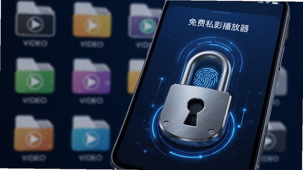 免费私影播放器隐私保密柜功能，手机界面显示指纹解锁动画，背景是模糊的视频文件图标，界面设计有金属质感锁头标志，科技感与安全感并存，深蓝色调，3D渲染风格
