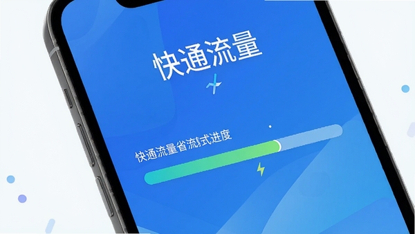 快通流量省流模式开启界面,手机显示省流优化进度,背景为蓝色渐变风格,突出软件名称快通流量,画面干净,适合功能展示