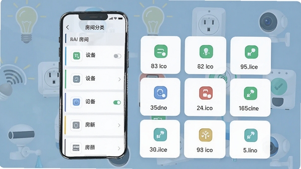 旺族AI家设备管理功能示意图,展示手机APP内多设备列表与分组控制界面,左侧是房间分类栏,右侧是设备开关状态卡片,背景为半透明的智能家居设备图标,如灯泡、插座、摄像头,画面风格扁平清晰