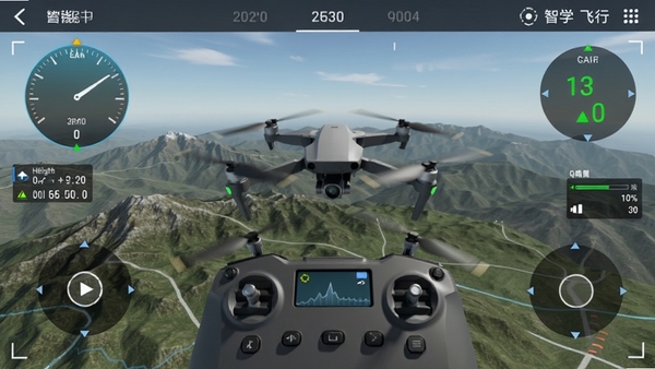 无人机航拍智学飞行模拟器界面,虚拟遥控器与3D地形场景,无人机在山区飞行,屏幕显示高度、速度、电量等参数,画面逼真,科技感强