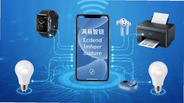 满易智链多设备同时连接示意图，画面中心是手机，周围环绕智能手表、蓝牙耳机、打印机、智能灯泡等设备，以线条连接，背景为渐变蓝色科技感氛围，突出兼容性强的特点。