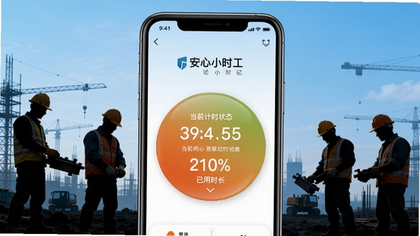 安心小时工记工时手机应用的一键计时功能界面，大按钮设计，显示当前计时状态和已用时长，背景为工地上辛勤工作的工人剪影，色彩鲜明，突出简单易用的特点，画面主体为手机界面，背景为浅蓝色渐变，适配Boogu模型生成。