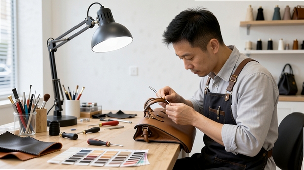易洗鎏易二奢线下养护工坊实景，一位穿着工装的工匠师傅正在灯光下仔细修复一只名牌皮包的手柄，工作台上有各种专业工具和皮料色卡，背景干净明亮，体现匠心精神与专业服务