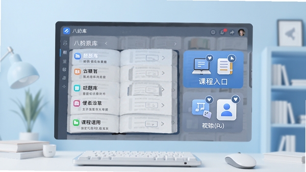 八股软件主界面预览图，展示题库列表与课程入口，背景为简约的浅蓝色学习场景，图标清晰，整体风格现代且专注