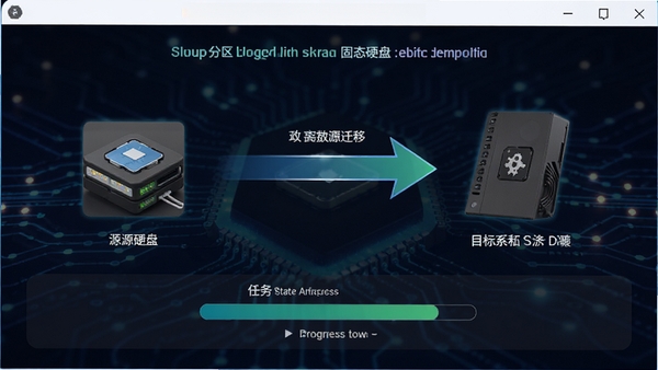 分区助手迁移系统到固态硬盘的操作流程图，显示源硬盘与目标固态硬盘之间的数据迁移方向，界面包含进度条与任务状态提示，背景为科技感的光效
