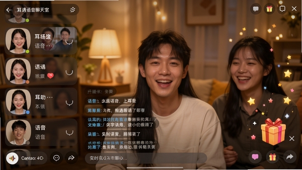 耳遇语音聊天室界面截图,展示多人语音上麦列表、文字弹幕与礼物特效,背景为暖色调的室内场景,突出实时互动与欢乐氛围