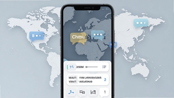 Chmu Translate 应用主界面，展示多语言翻译功能，背景为世界地图与对话气泡，风格现代简洁，突出软件名称，适配手机竖屏展示