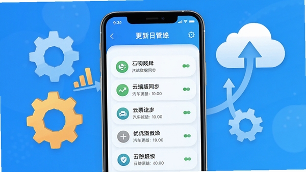 汽车票查询管家版本更新示意图,画面展示手机屏幕中的更新日志列表,背景有齿轮和云朵图标,寓意云端数据同步与优化升级,整体风格简洁明快