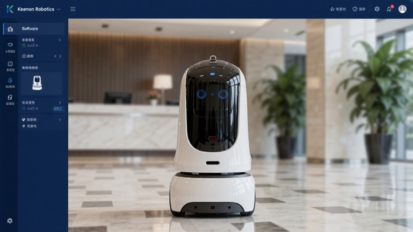 展示Keenon Robotics软件主界面,画面中央是一台圆润的白色商用机器人正在大堂内运行,背景是模糊的现代酒店前台与绿植,界面风格科技感十足,主色调为深蓝与白色,整体光线明亮清晰