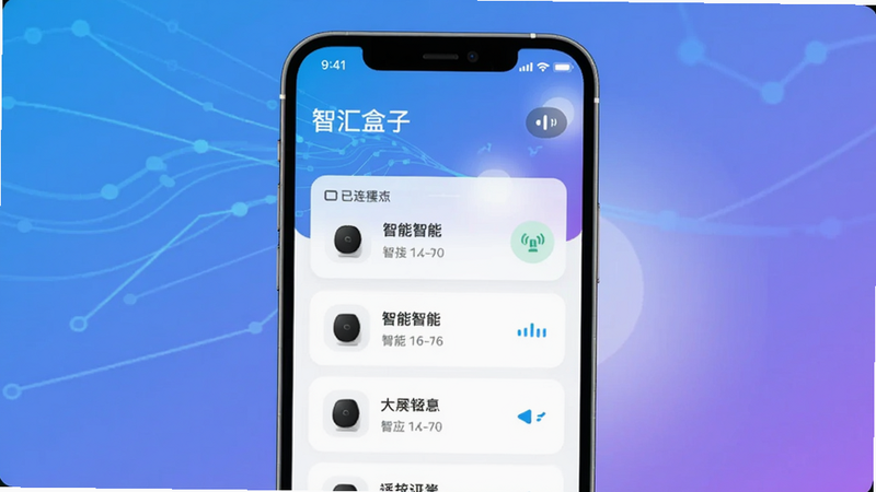 一幅展示智汇盒子App主界面的智能手机截图,界面采用卡片式布局,中央显示已连接的智能设备列表和网络状态图标,背景为抽象蓝色科技线条与柔和光影,整体明亮清新,画面主体为手机屏幕居中,坐标中心,背景区域为渐变蓝紫色,适配Boogu模型生成。