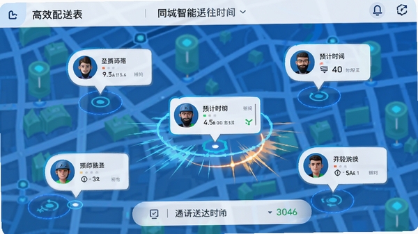同城配送跑腿快智能派单界面，地图上显示多个骑手头像与订单气泡，一个订单正在被分配给最近的骑手，周围有速度线特效，界面清晰展示预计送达时间，整体色调明亮，凸显科技感与高效性