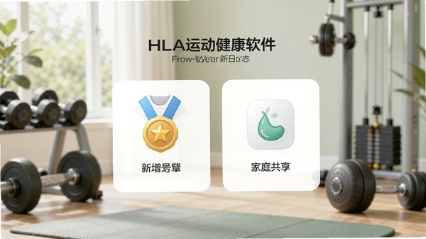 HLA运动健康软件最新版本更新日志界面，展示新增勋章和家庭共享功能图标，背景为运动器材，画面清新自然。