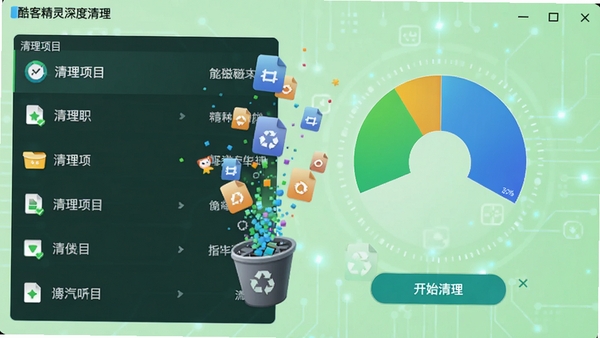 酷客精灵深度清理界面，界面左侧显示清理项目列表，右侧是扇形磁盘空间占用图，下方有“开始清理”按钮，背景为淡绿色科技风格，文件图标化为粒子飞入回收站动画，画面生动活泼，比例16:9