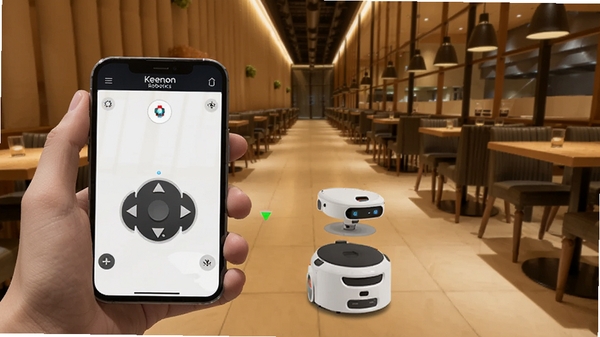 手机横屏操作Keenon Robotics软件的模拟场景,画面中一名工作人员手持手机在餐厅走廊遥控一台白色送餐机器人,手机屏幕亮起显示虚拟摇杆界面,背景是暖色调的餐厅环境,构图清晰