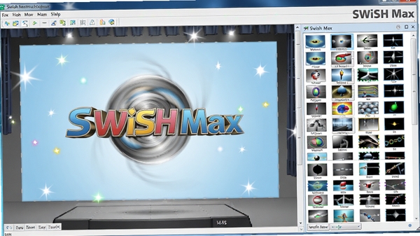 展示SWiSH Max内置素材库的界面截图，右侧展开数百种预设动画效果列表，中央舞台上一个文本标题应用了3D旋转动画效果，背景为淡蓝色渐变，高光点缀，软件名称SWiSH Max在右上角，整体画面色彩丰富，细节清晰，高清画质