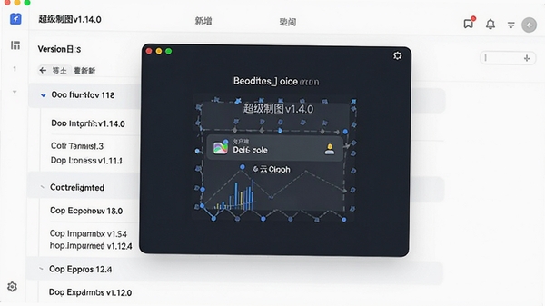 超级制图v1.14.0版本更新界面,展示新增的智能参考线和云协作功能,背景为版本日志列表,整体风格简洁清晰