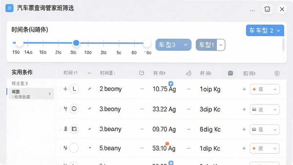 汽车票查询管家班次筛选功能截图,展示筛选条件选项,包括时间轴滑块和车型选择按钮,界面布局清晰,数据列表排列有序,背景为简约的浅灰色系,突出软件功能实用性
