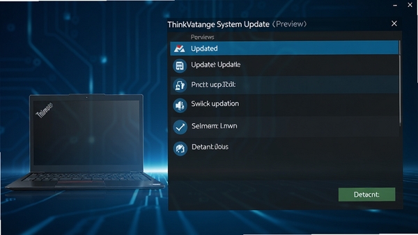 ThinkVantage System Update软件主界面预览图，展示简洁的更新列表与检测按钮，背景为深蓝色科技感渐变，左侧有联想ThinkPad笔记本轮廓，整体风格商务大气，突出系统更新与驱动管理主题