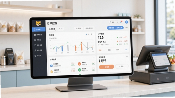 小豹豹商户端主界面展示图，包含订单数据看板和功能菜单，背景为现代简约的店铺收银台场景，色调明亮清晰