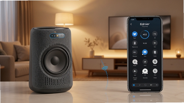 Edifier Home软件主界面预览图,展示一款现代智能音箱与手机连接的控制面板,背景为简约客厅环境,暖色调灯光,整体画面清晰、科技感强,突出软件与硬件的联动场景。