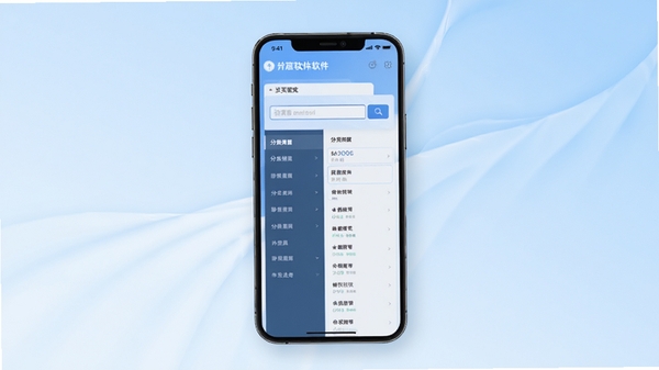 规范智达软件主界面预览图，展示首页检索框与分类导航，背景为浅蓝色渐变，界面简洁现代，手机屏幕居中显示，周围有柔和的光影效果，整体风格清爽明亮，突出软件核心全貌。