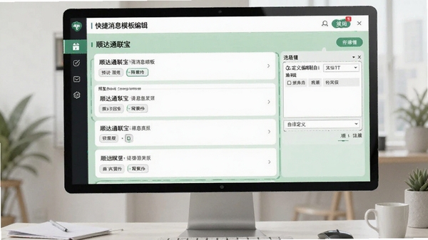 顺达通联宝快捷消息模板编辑界面，展示多条预设回复模板和自定义编辑框，背景为清新浅绿色，突出其便捷实用的消息管理特性。