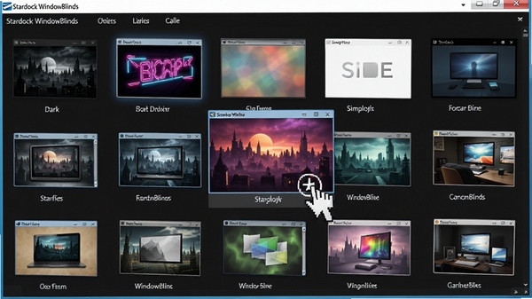 Stardock WindowBlinds主题库界面，展示多款不同风格的窗口主题缩略图，包括暗黑风格、霓虹风格、简约白色风格等，界面采用网格布局，鼠标悬停在一款主题上，画面色彩丰富，细节清晰可见