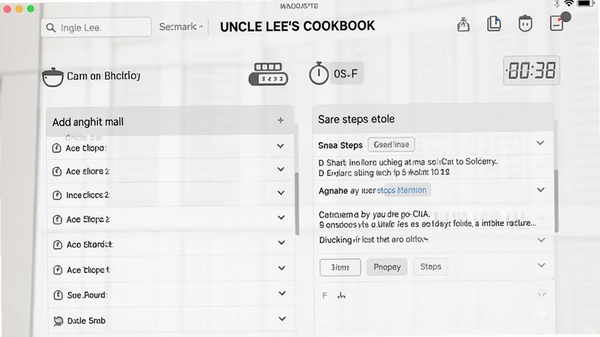 Uncle Lee's Cookbook 食谱编辑界面截图,展示添加食材清单和烹饪步骤的详细表单,界面简洁清晰,有食材称重和计时器图标,图片风格写实,光线明亮柔和。