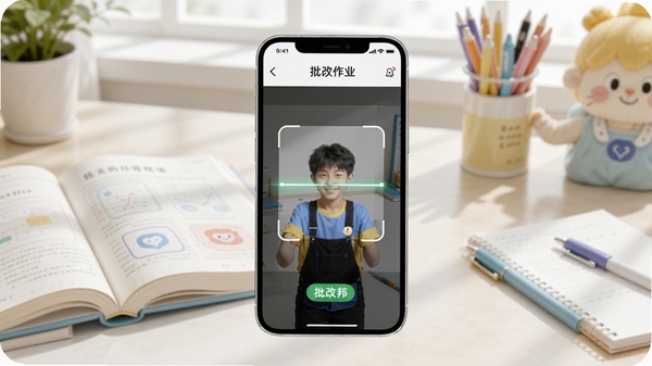 批改邦APP主界面预览图,画面中央是一部智能手机展示批改作业的扫描页面,背景为明亮的学习书桌,书本和文具错落有致,整体色调清新明快,突出智能教育工具的便捷属性,适合Boogu模型生成,画面包含批改邦字样