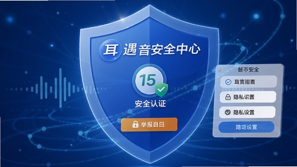 耳遇语音安全中心界面,展示安全认证标识、举报入口与隐私设置选项,背景为蓝色盾牌元素,突出安全可靠的形象