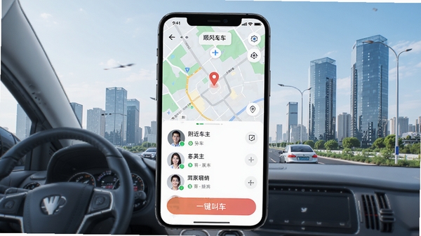 顺风车约车应用主界面预览图，展示地图定位、附近车主列表与一键叫车按钮，背景为现代城市景观，风格清爽明亮