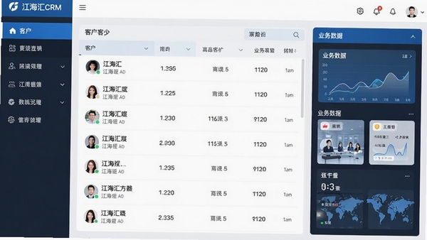 江海汇CRM的主界面截图，左侧功能导航栏，中间客户列表，右侧业务数据看板，整体风格现代简洁，色彩以蓝色和白色为主，界面明亮清晰