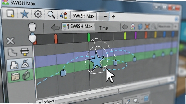 展示SWiSH Max时间轴面板和对象拖拽操作的近景画面，时间轴上带有彩色关键帧标记，鼠标指针正拖拽一个星形对象，周围有运动路径虚线预览，界面明亮清晰，软件名称SWiSH Max在顶部工具栏可见，背景虚化，突出操作细节，高清渲染