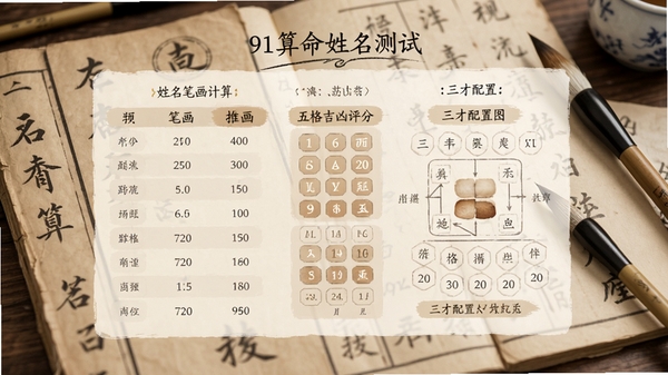 91算命姓名测试界面效果图，展示姓名笔画计算、五格吉凶评分及三才配置图，背景为古典姓名册与毛笔，风格清雅，色调以米白和淡棕为主