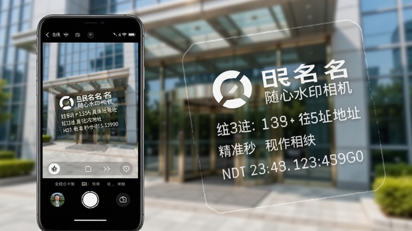 全民打卡随心水印相机一键打卡功能展示,画面左侧是手机操作界面,右侧放大展示生成的水印细节,水印包含公司名称、具体街道地址、精准到秒的时间戳,背景为模糊的办公大楼入口,光线明亮,细节丰富